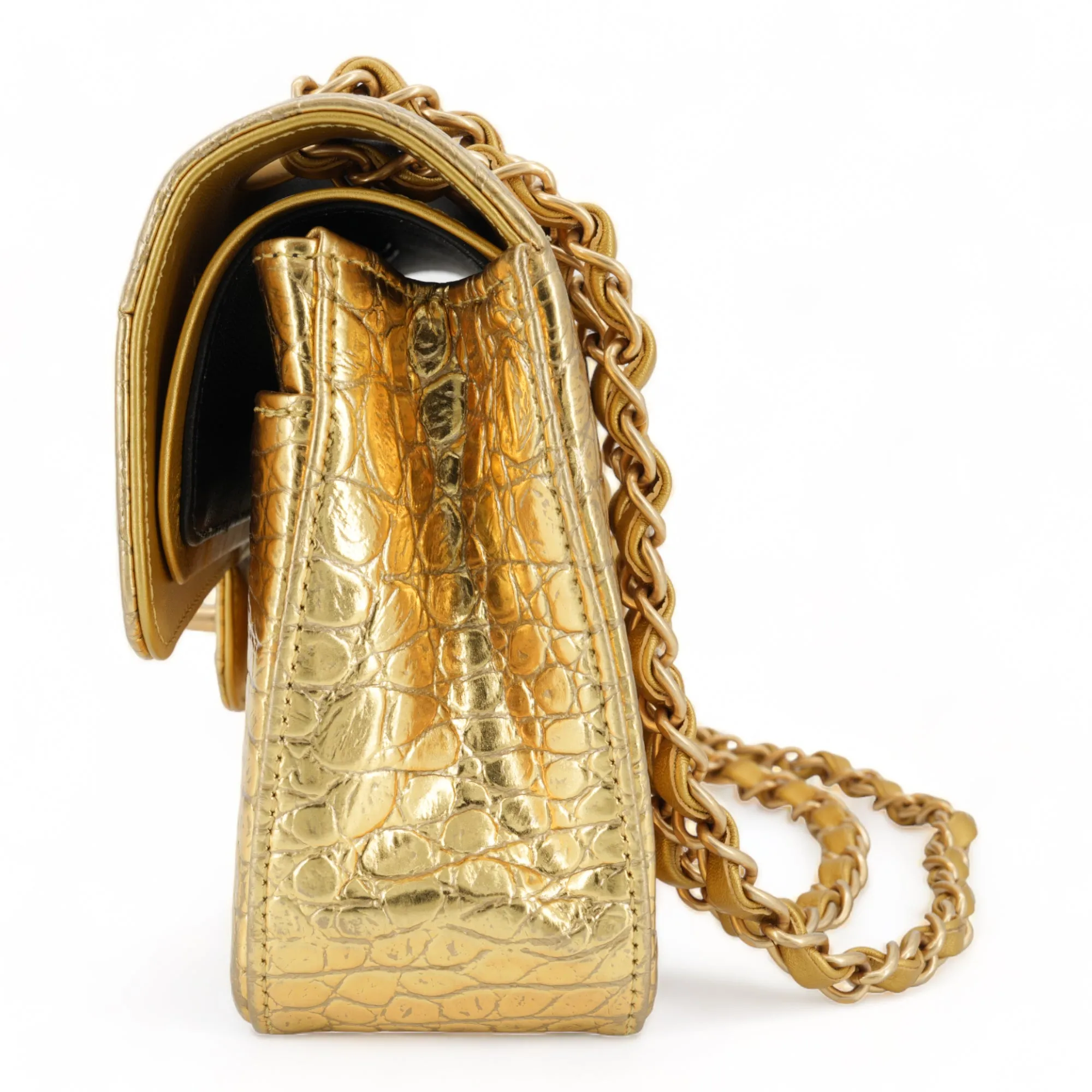 19A Gold Croc Embossed Calfskin Small Classic Double Flap Bag