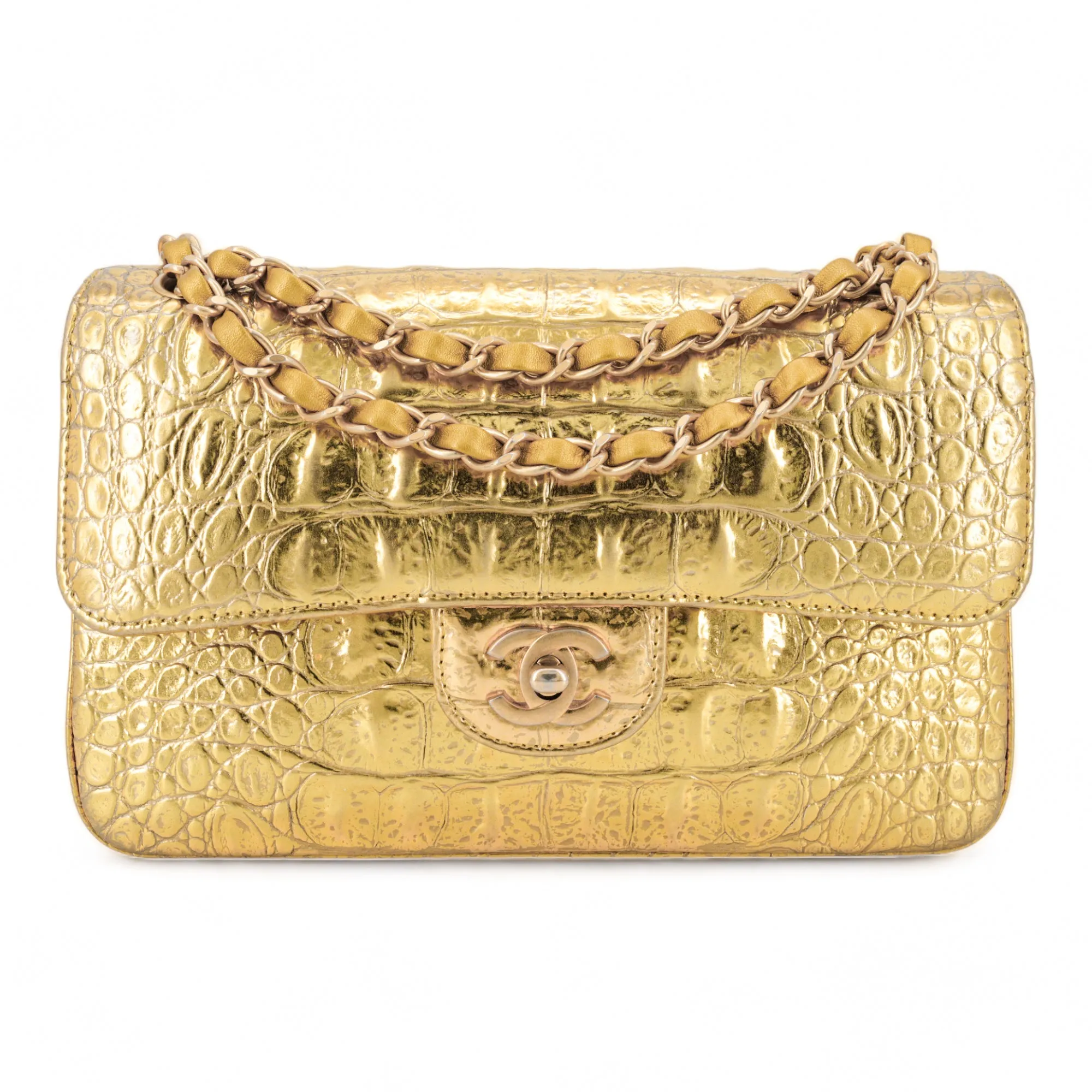 19A Gold Croc Embossed Calfskin Small Classic Double Flap Bag