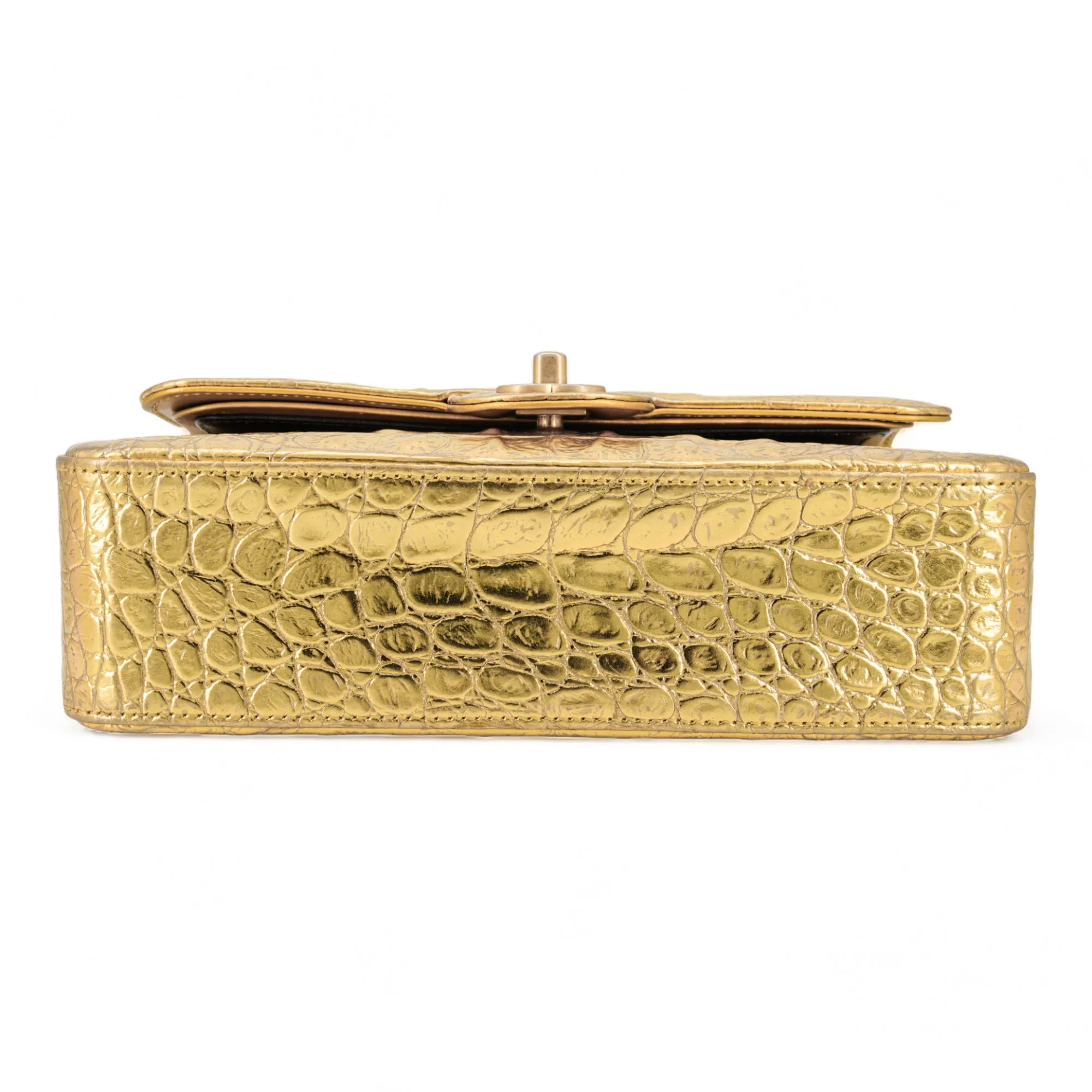 19A Gold Croc Embossed Calfskin Small Classic Double Flap Bag