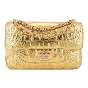 19A Gold Croc Embossed Calfskin Small Classic Double Flap Bag