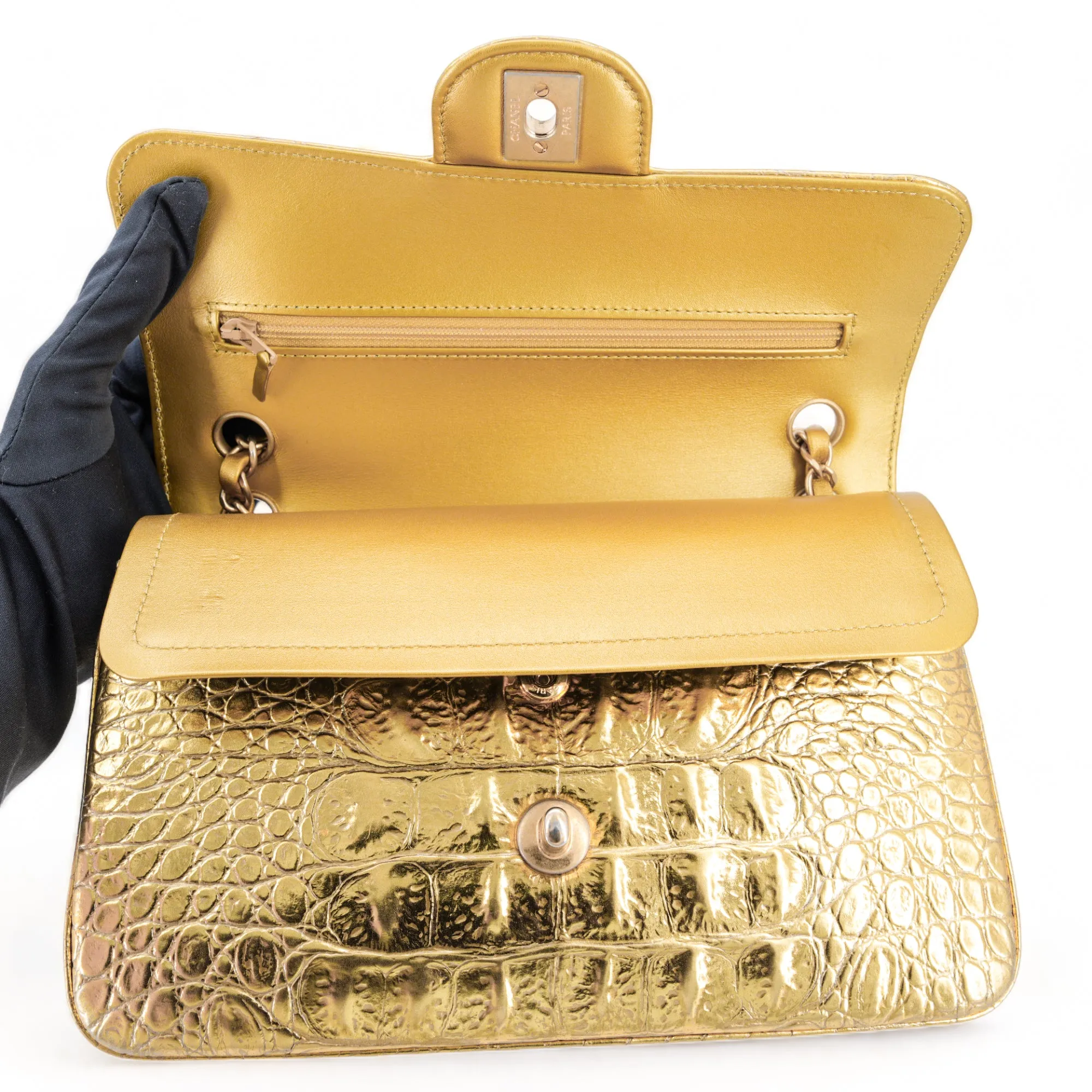 19A Gold Croc Embossed Calfskin Small Classic Double Flap Bag