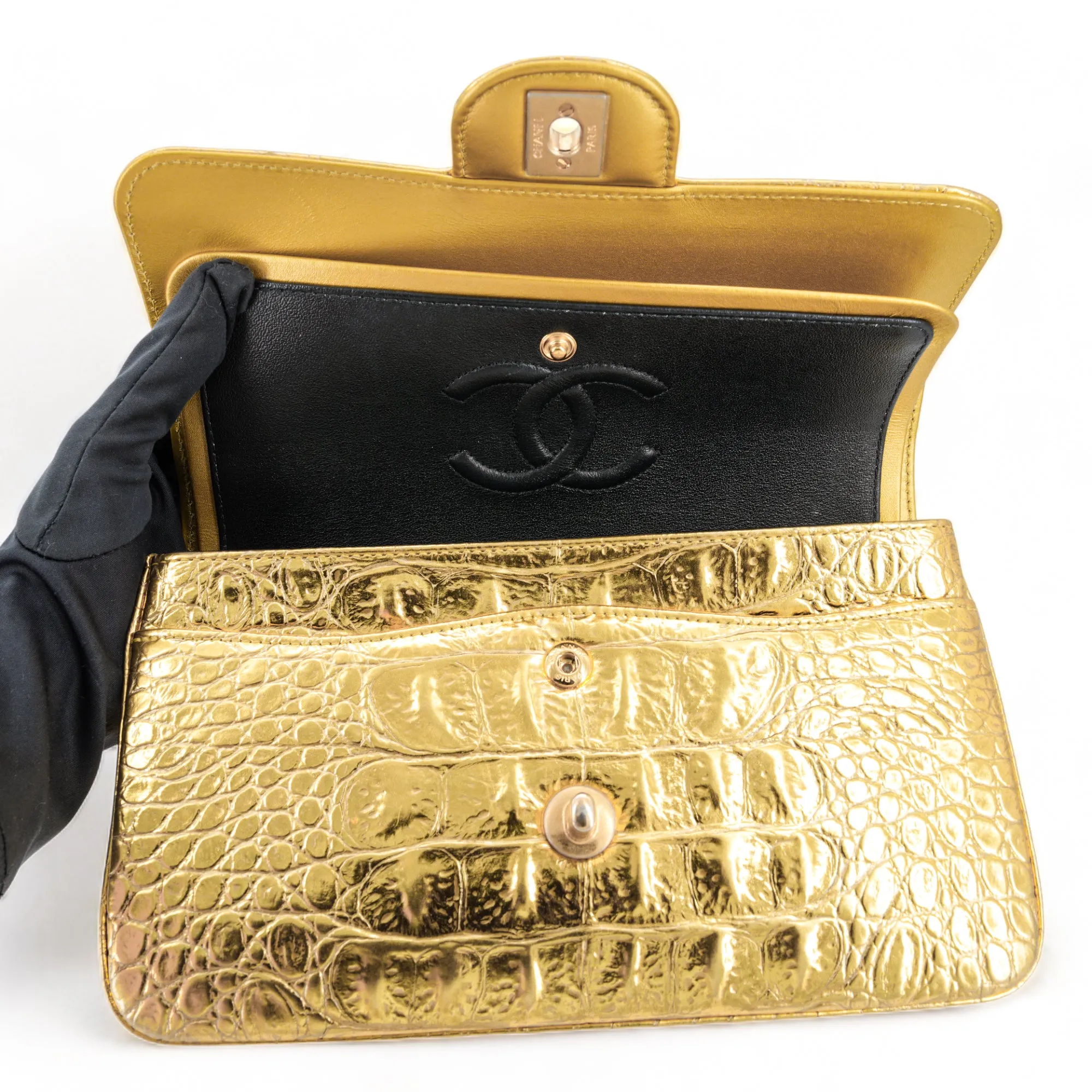 19A Gold Croc Embossed Calfskin Small Classic Double Flap Bag