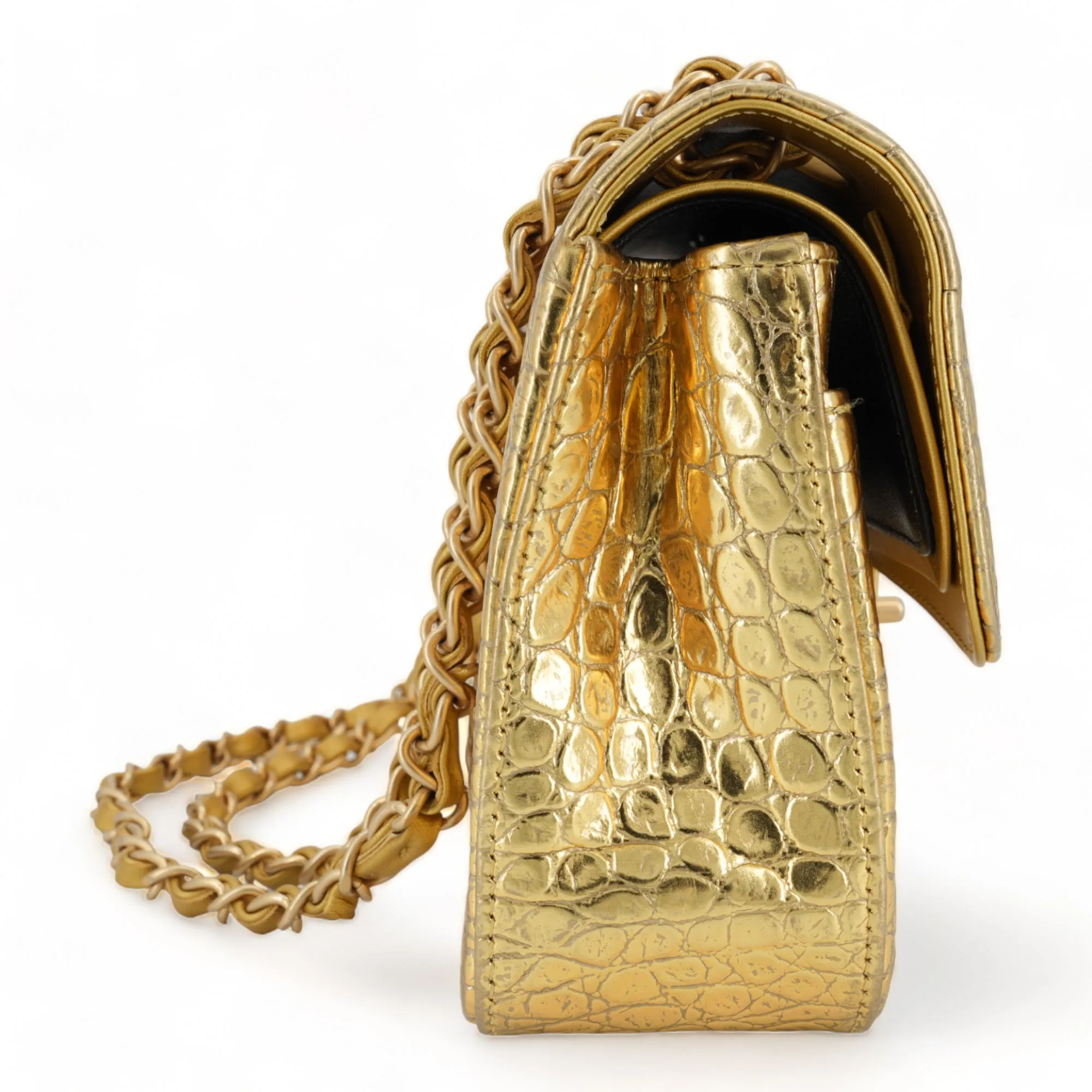 19A Gold Croc Embossed Calfskin Small Classic Double Flap Bag