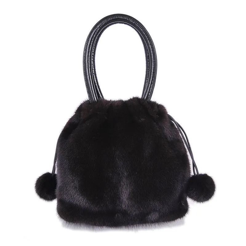 2022 New Arrivals Women's Real Mink Fur Handbags Luxury Fur Bags For Female Drawstring Hairball Tote Bags 8840