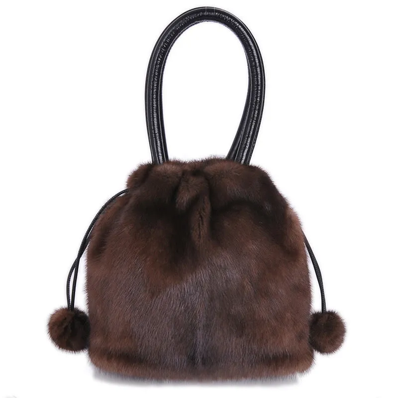 2022 New Arrivals Women's Real Mink Fur Handbags Luxury Fur Bags For Female Drawstring Hairball Tote Bags 8840