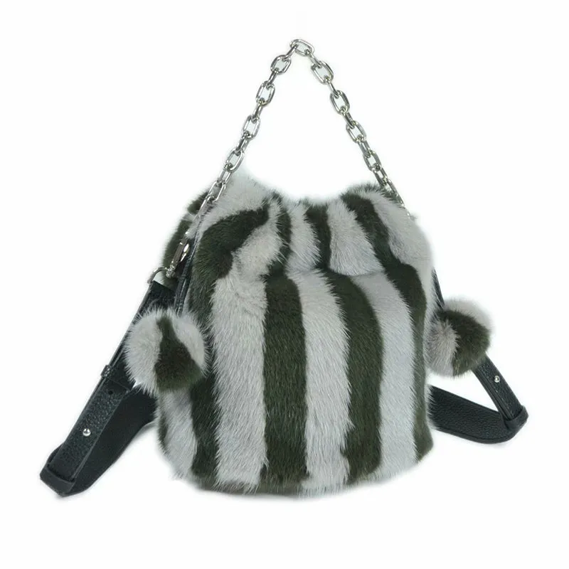 2022 New Fur Bag Women's Real Mink Fur Handbags Lady Fashion Shoulder Bags Striped 7982