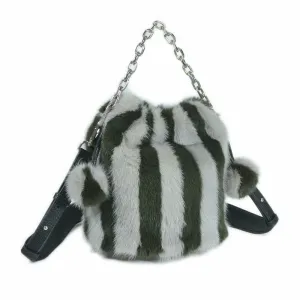 2022 New Fur Bag Women's Real Mink Fur Handbags Lady Fashion Shoulder Bags Striped 7982