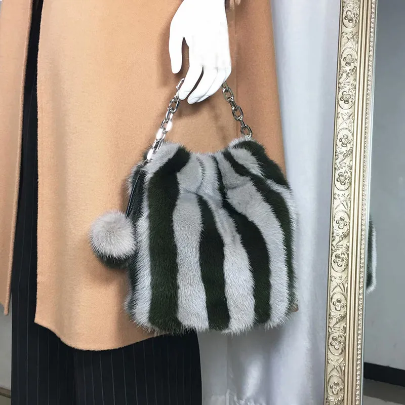2022 New Fur Bag Women's Real Mink Fur Handbags Lady Fashion Shoulder Bags Striped 7982