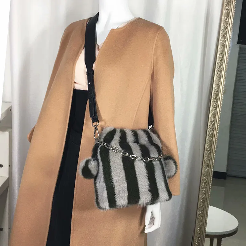 2022 New Fur Bag Women's Real Mink Fur Handbags Lady Fashion Shoulder Bags Striped 7982