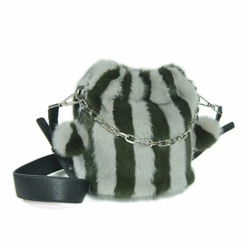 2022 New Fur Bag Women's Real Mink Fur Handbags Lady Fashion Shoulder Bags Striped 7982