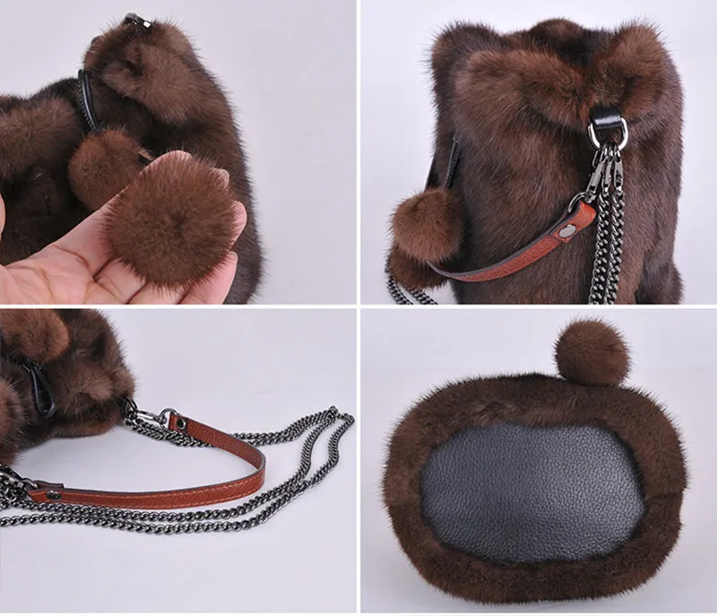 2022 New Women Fashion Real Mink Fur Crossbody Bags Fur Ball Chain Bags Fur Shoulder Bag Casual Tote Female Handbags 8820
