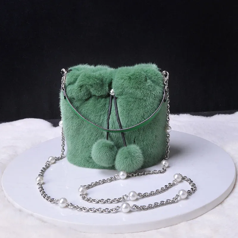 2022 New Women Fashion Real Mink Fur Crossbody Bags Fur Ball Chain Bags Fur Shoulder Bag Casual Tote Female Handbags 8820