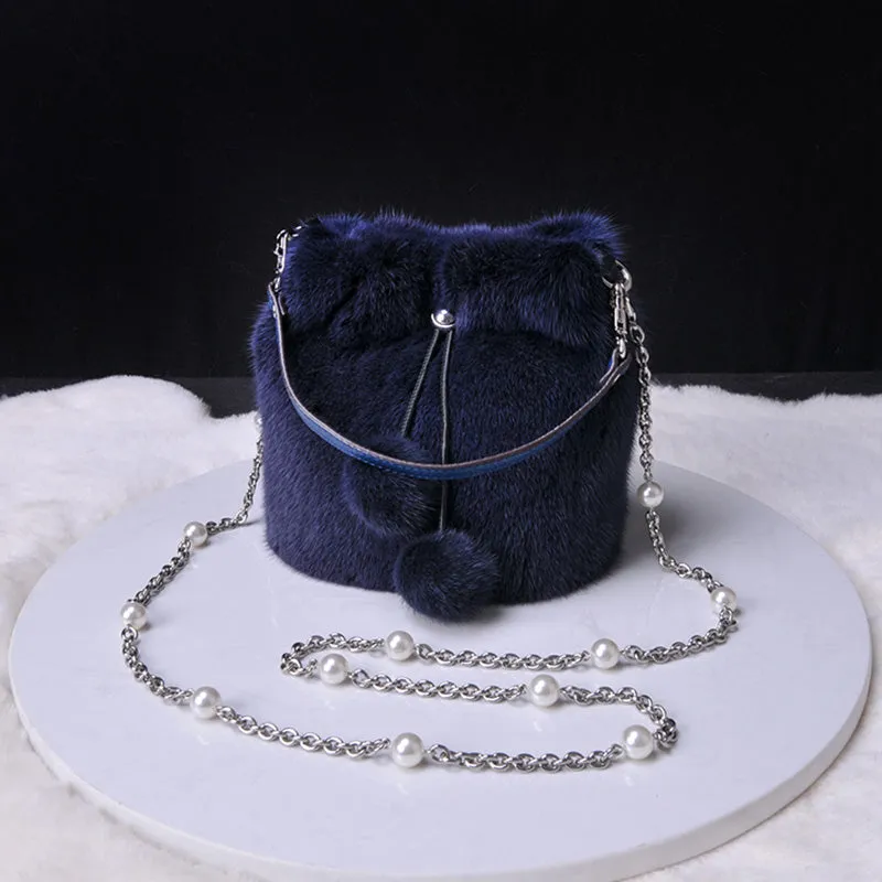 2022 New Women Fashion Real Mink Fur Crossbody Bags Fur Ball Chain Bags Fur Shoulder Bag Casual Tote Female Handbags 8820