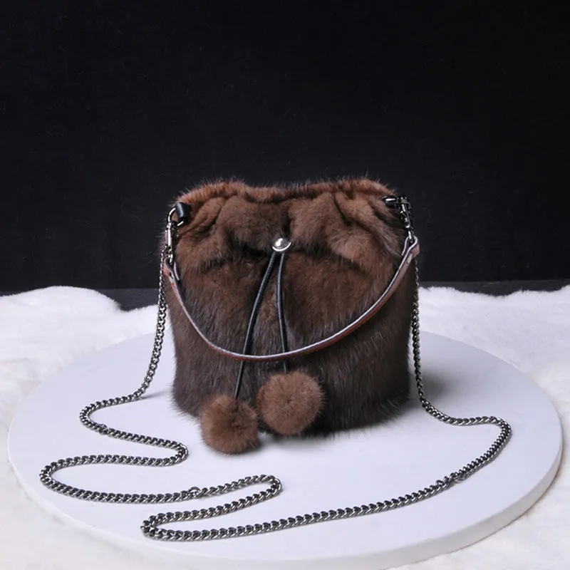 2022 New Women Fashion Real Mink Fur Crossbody Bags Fur Ball Chain Bags Fur Shoulder Bag Casual Tote Female Handbags 8820