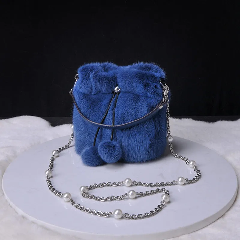 2022 New Women Fashion Real Mink Fur Crossbody Bags Fur Ball Chain Bags Fur Shoulder Bag Casual Tote Female Handbags 8820