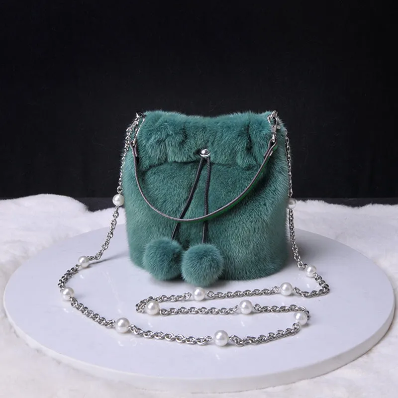 2022 New Women Fashion Real Mink Fur Crossbody Bags Fur Ball Chain Bags Fur Shoulder Bag Casual Tote Female Handbags 8820