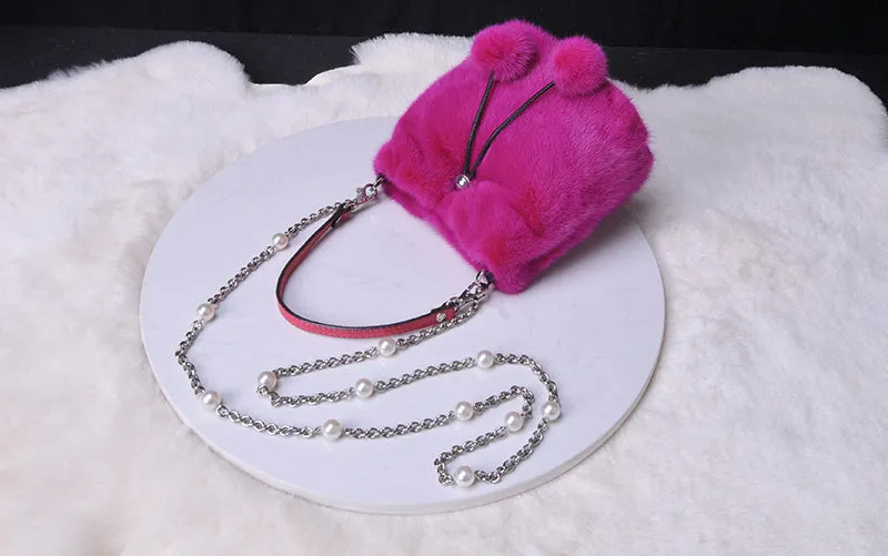 2022 New Women Fashion Real Mink Fur Crossbody Bags Fur Ball Chain Bags Fur Shoulder Bag Casual Tote Female Handbags 8820