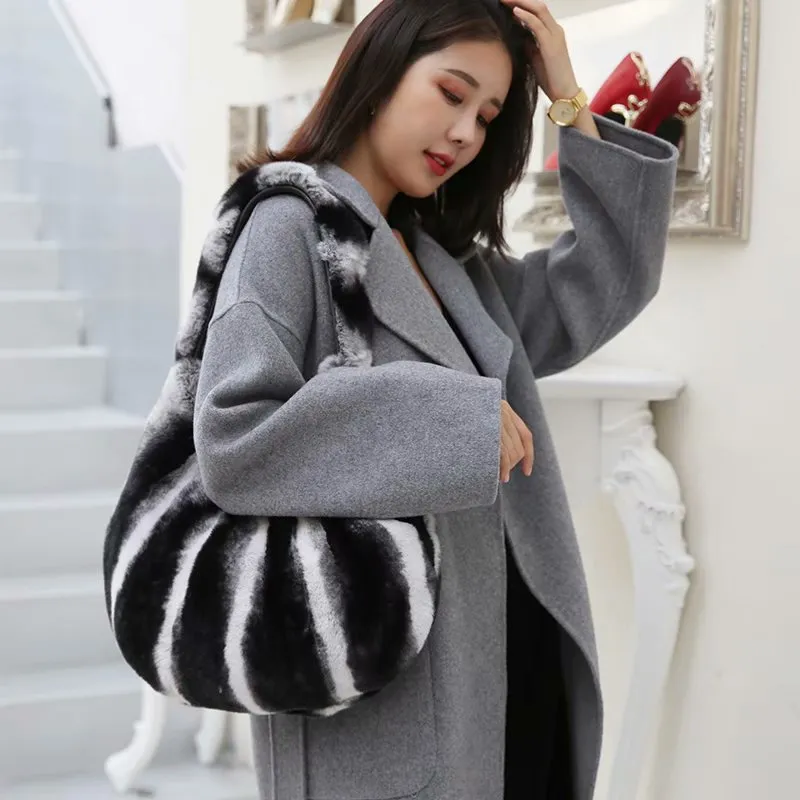 2022 New Women's Real Rex Rabbit Fur Handbags Fashion Fur Shoulder Bags Large Capacity Totes 7985