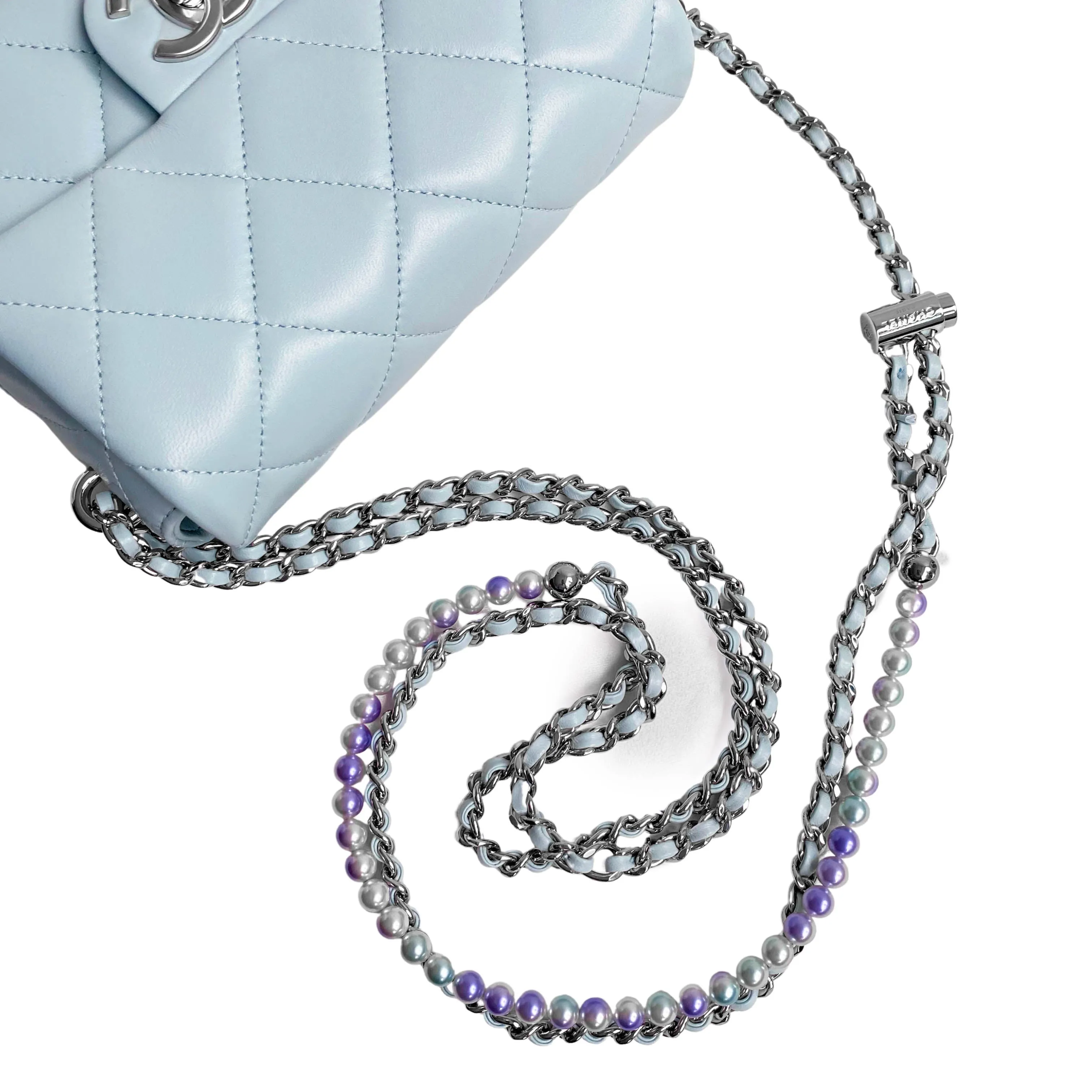 21K My Perfect Mini Flap Bag with Pearl Strap in Light Blue Lambskin
