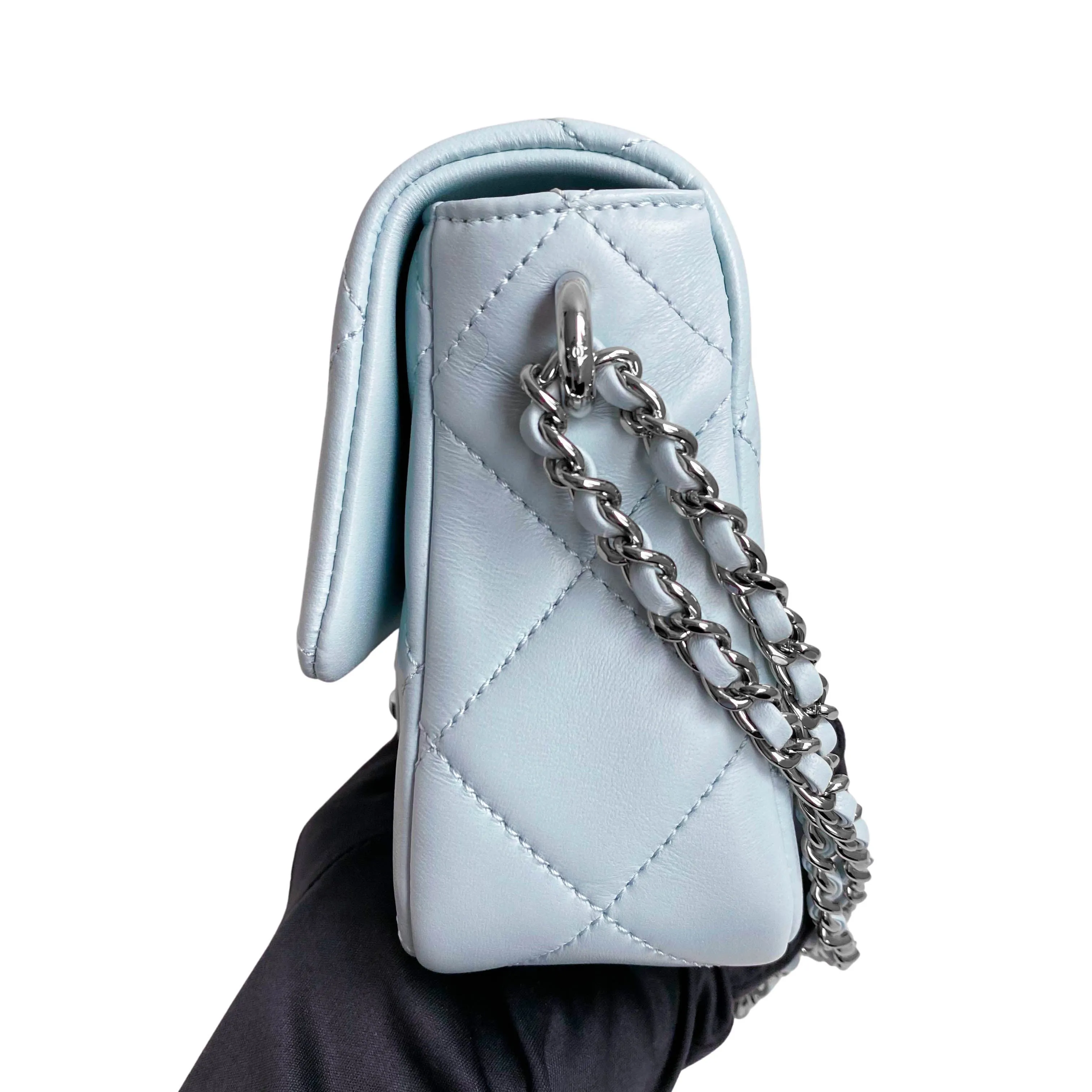 21K My Perfect Mini Flap Bag with Pearl Strap in Light Blue Lambskin