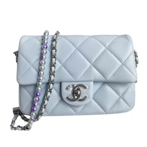 21K My Perfect Mini Flap Bag with Pearl Strap in Light Blue Lambskin