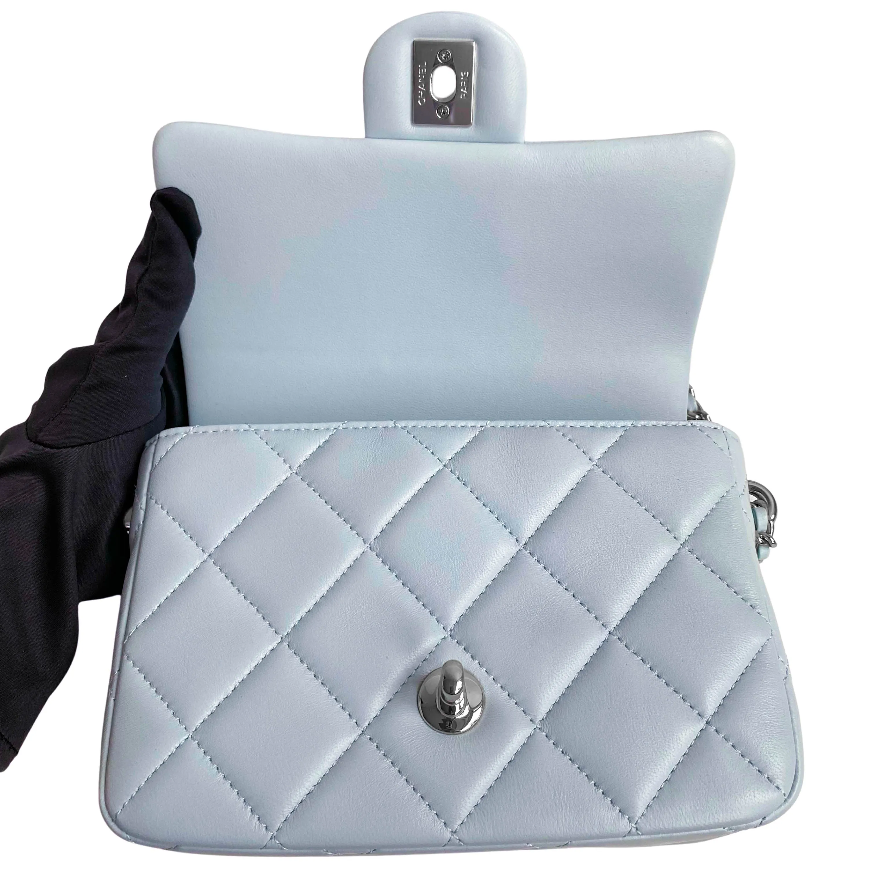 21K My Perfect Mini Flap Bag with Pearl Strap in Light Blue Lambskin