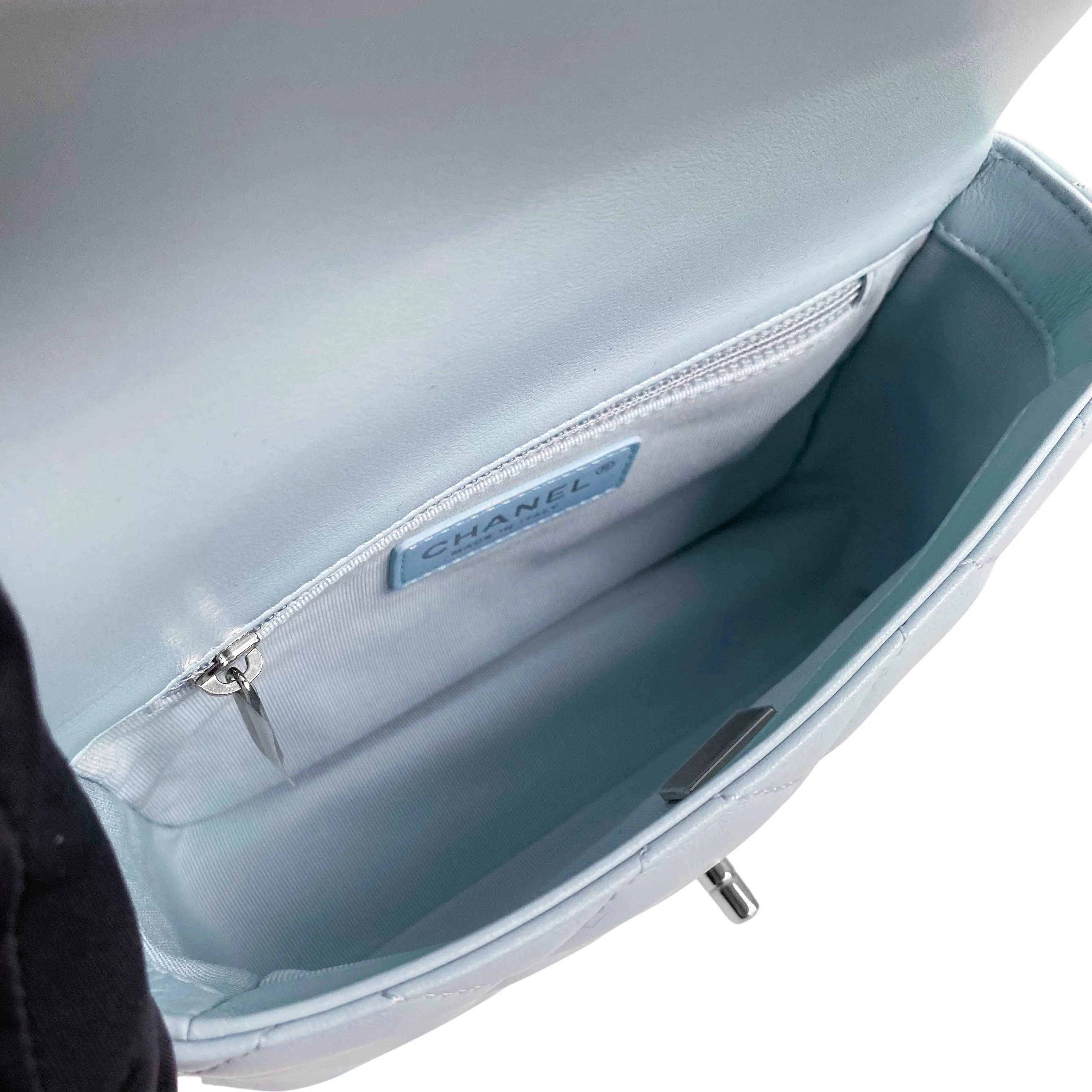 21K My Perfect Mini Flap Bag with Pearl Strap in Light Blue Lambskin