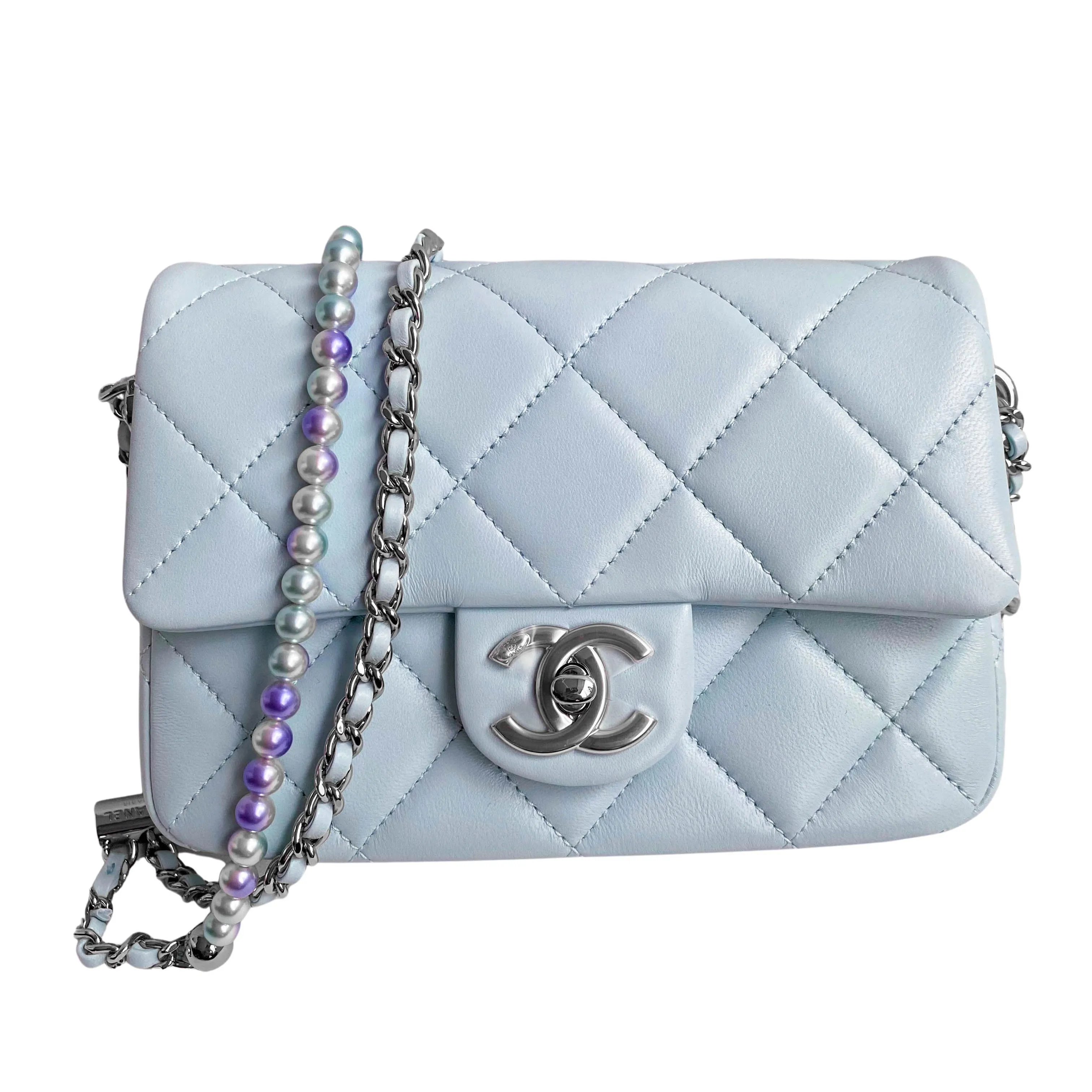 21K My Perfect Mini Flap Bag with Pearl Strap in Light Blue Lambskin