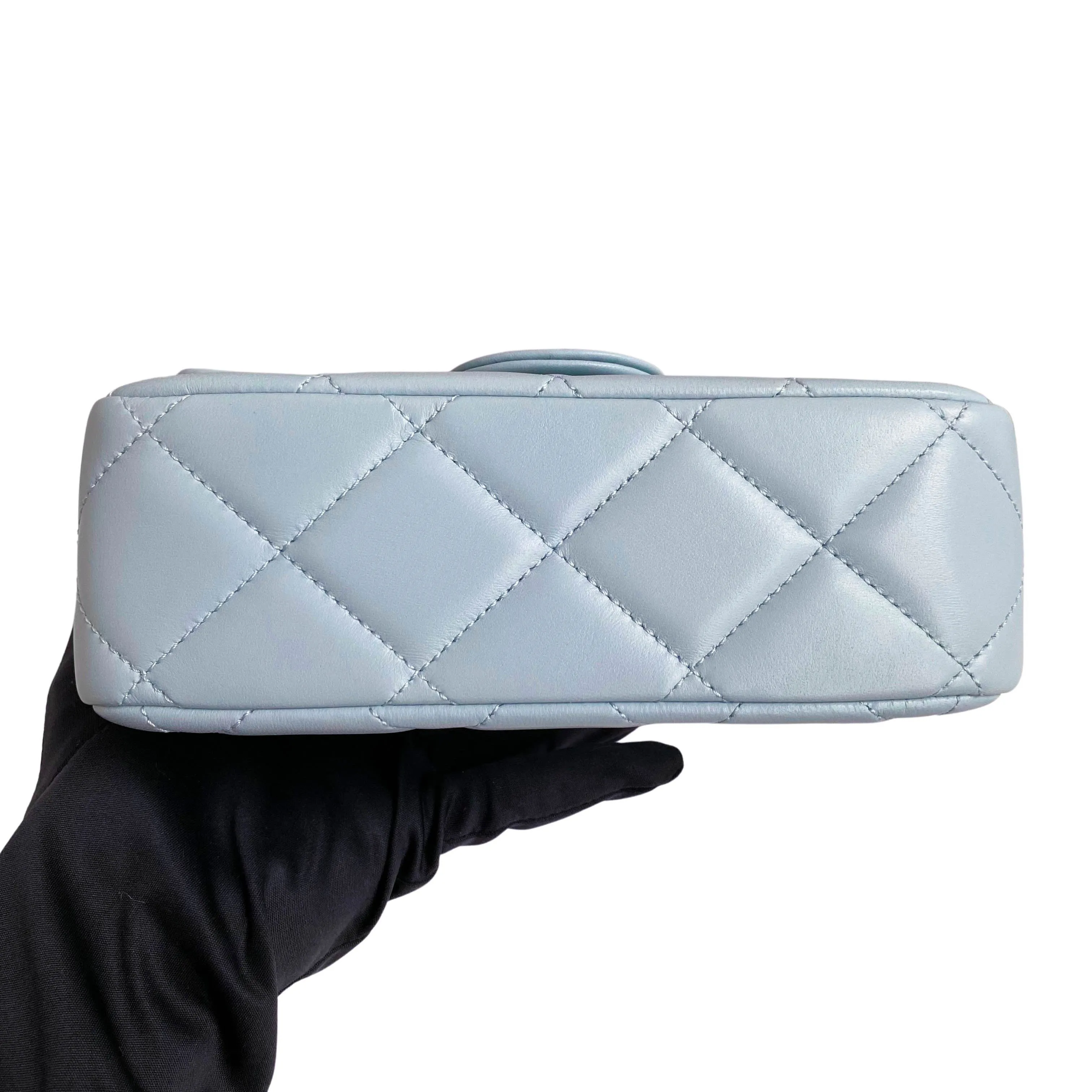 21K My Perfect Mini Flap Bag with Pearl Strap in Light Blue Lambskin