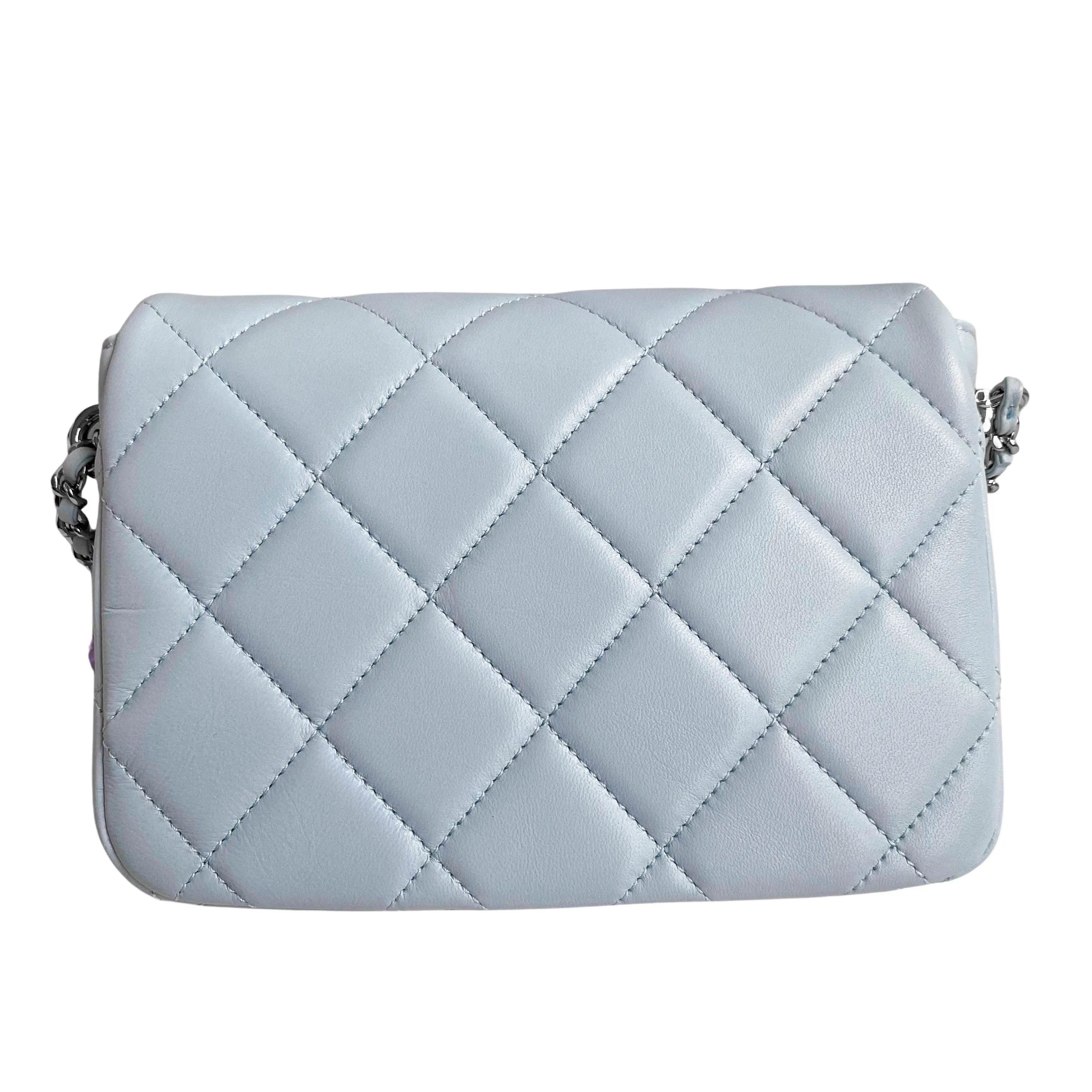 21K My Perfect Mini Flap Bag with Pearl Strap in Light Blue Lambskin