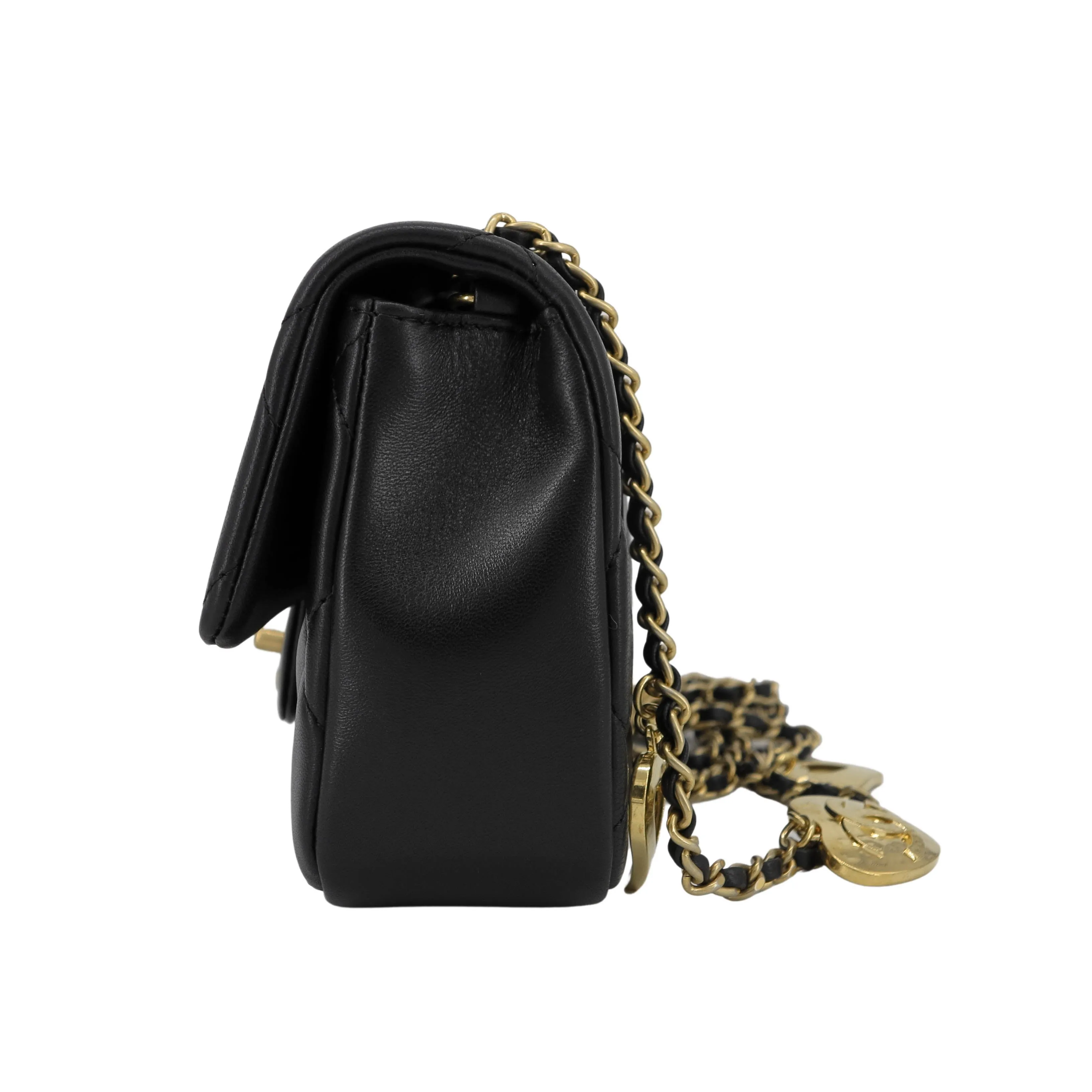 22B Heart Charms Mini Flap Bag in Black Lambskin