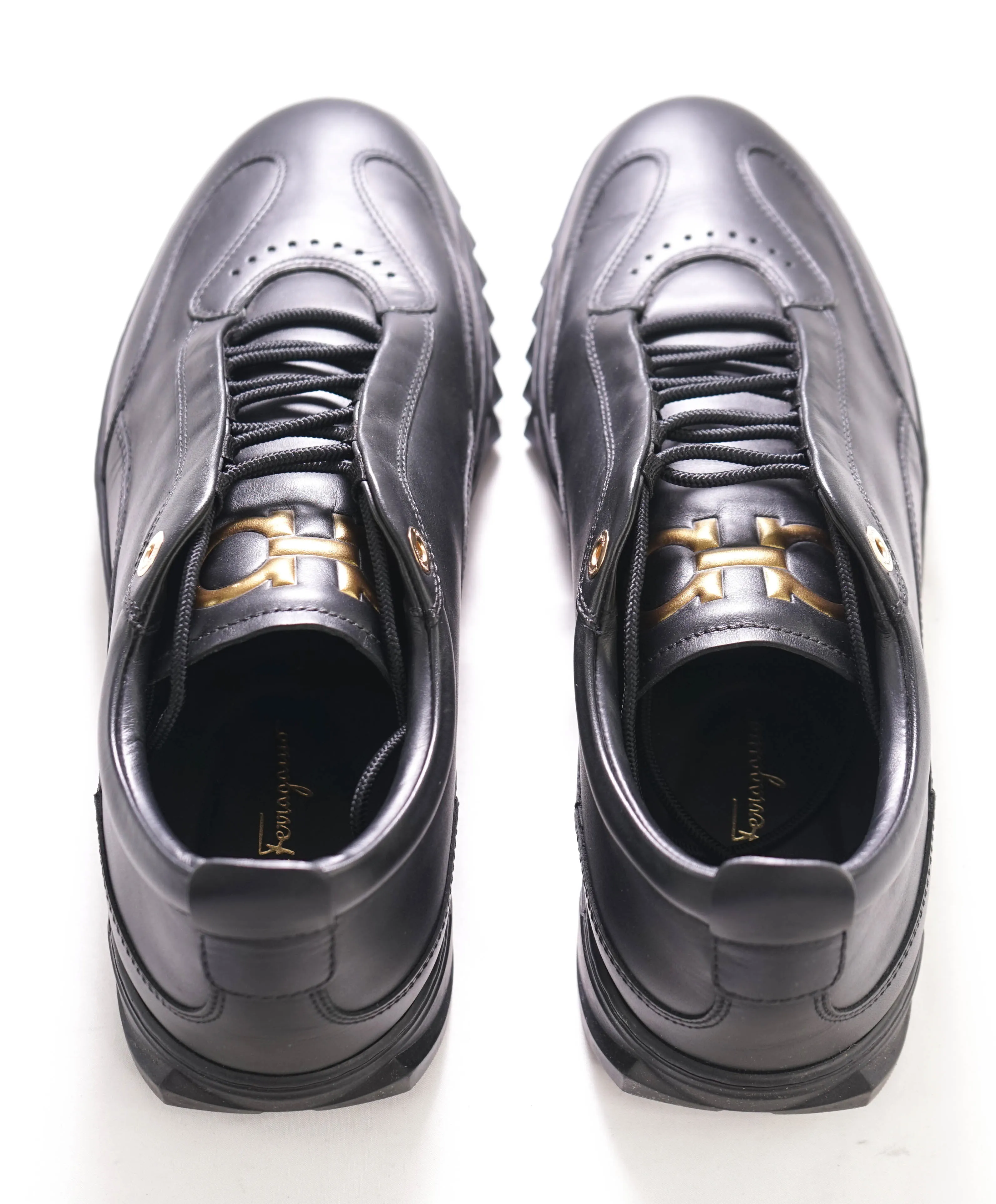 $750 SALVATORE FERRAGAMO - Black Gold Gancini Sneaker - 10 US