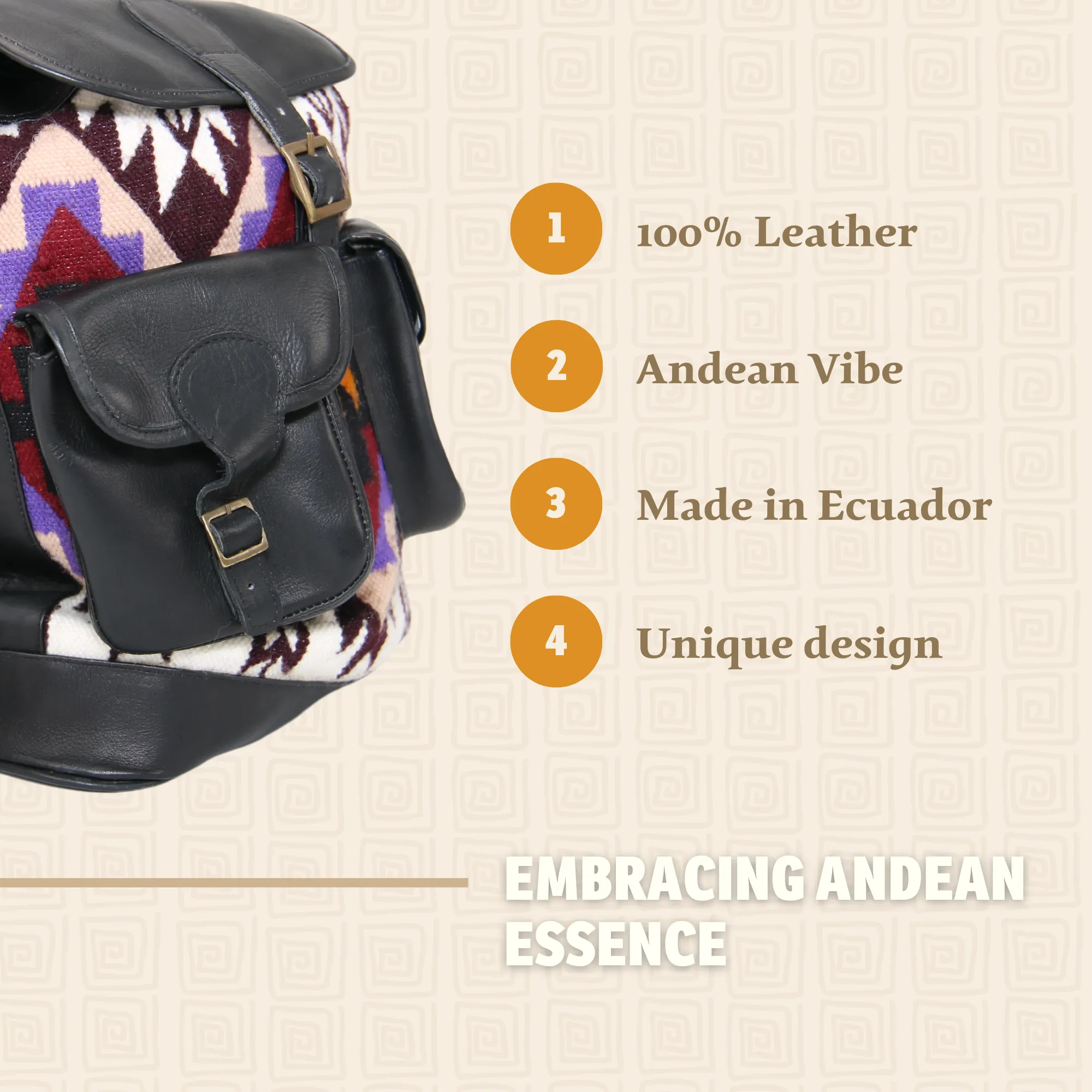 Backpack Andean Design w/ Black Leather and Purple and Brown