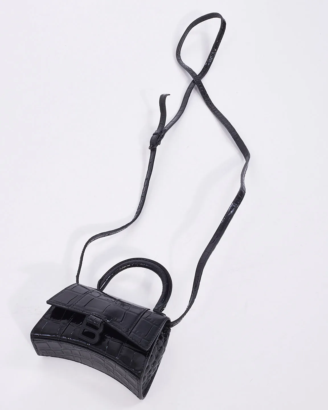 Balenciaga Black Croc Embossed Leather Nano Hourglass Mini Crossbody Bag