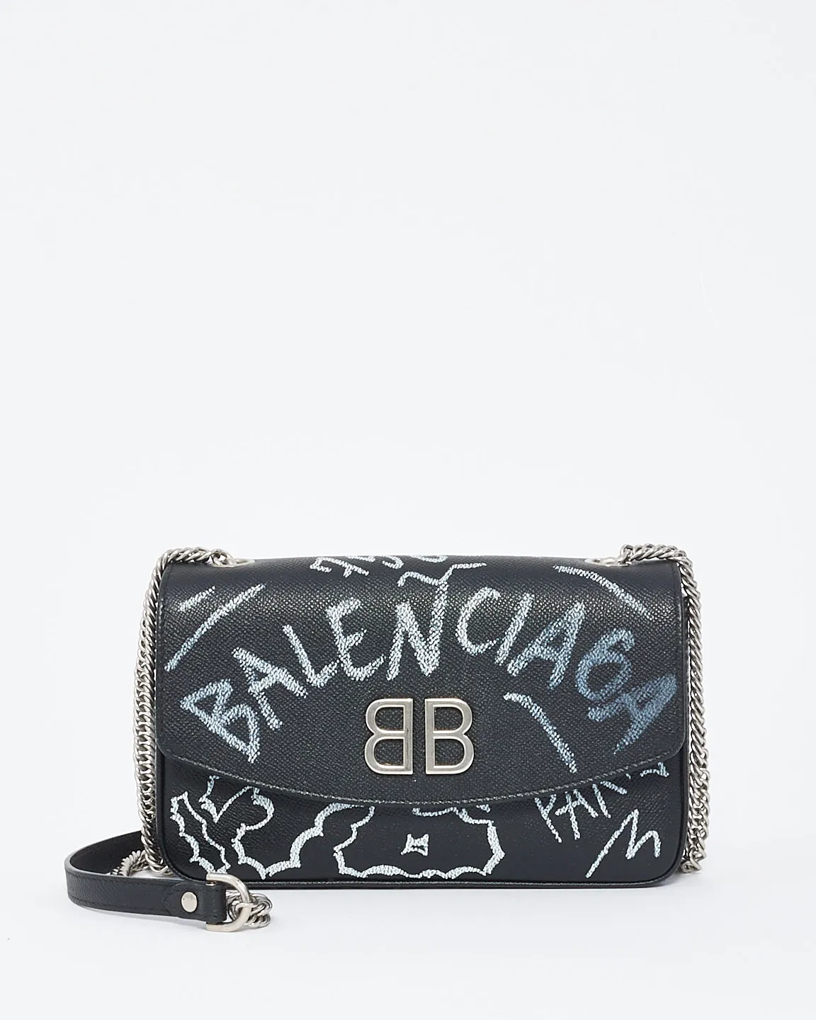 Balenciaga Black Leather Graffiti BB Chain Bag