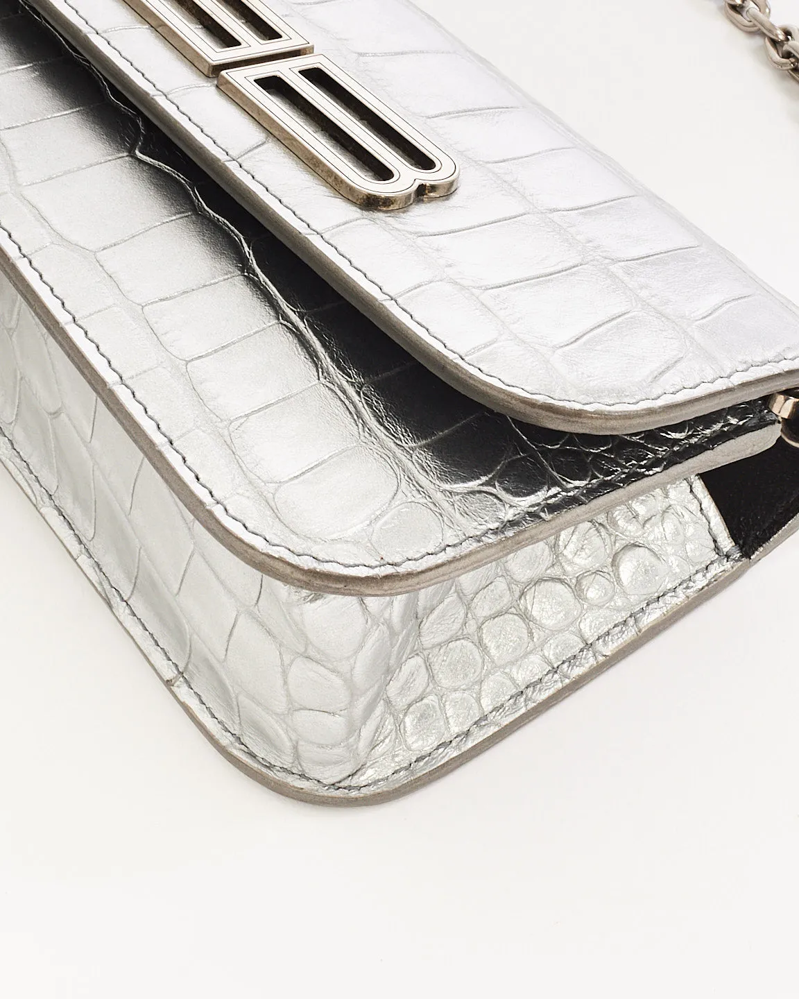 Balenciaga Silver Croc Embossed Leather Gossip Mini Bag