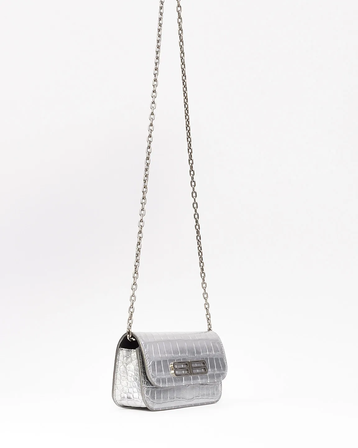 Balenciaga Silver Croc Embossed Leather Gossip Mini Bag