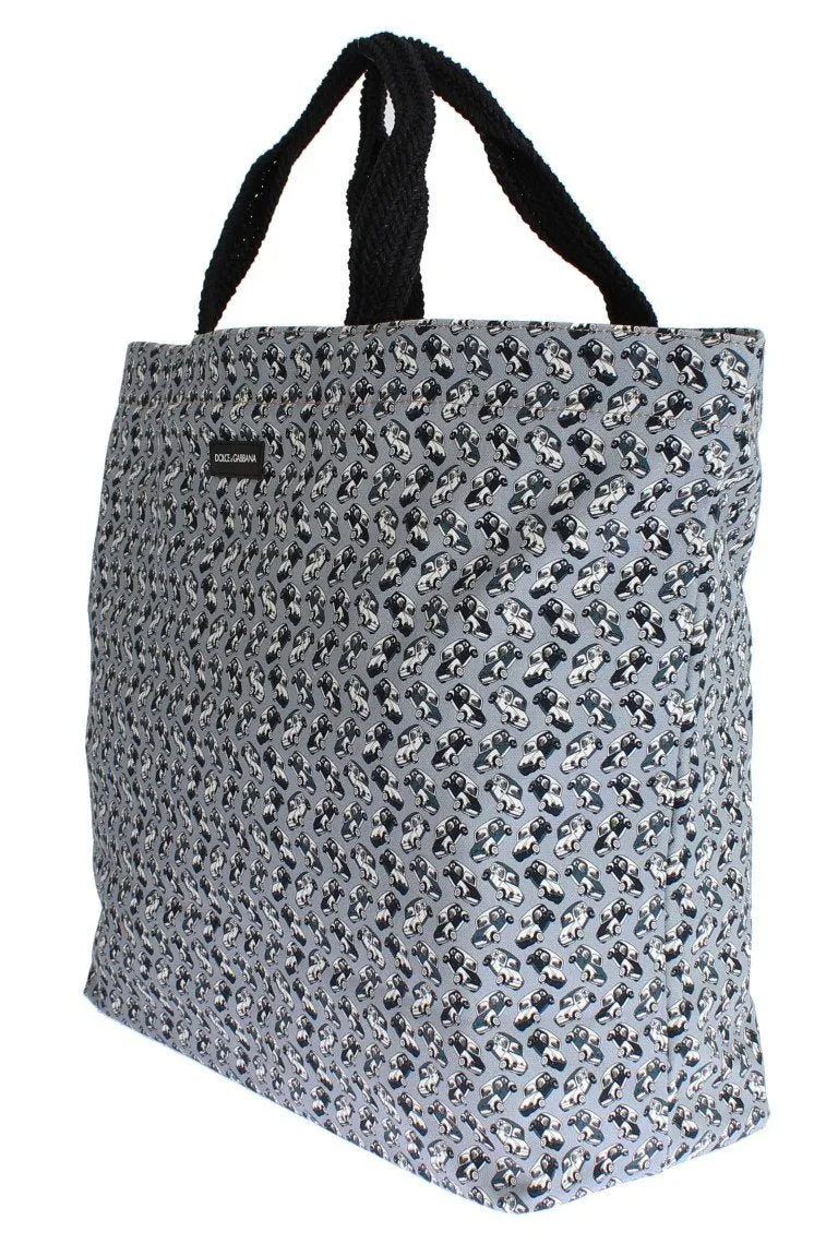 Blue Car Print Cotton Denim Shopping Bag
