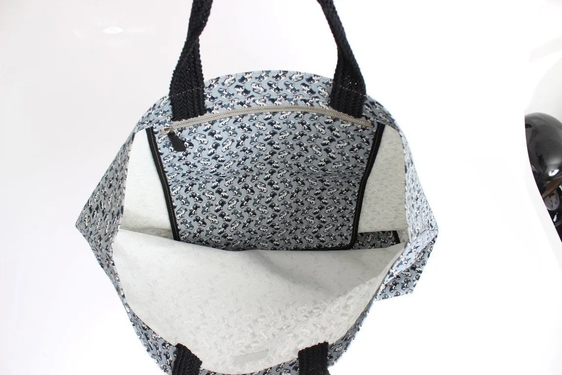 Blue Car Print Cotton Denim Shopping Bag