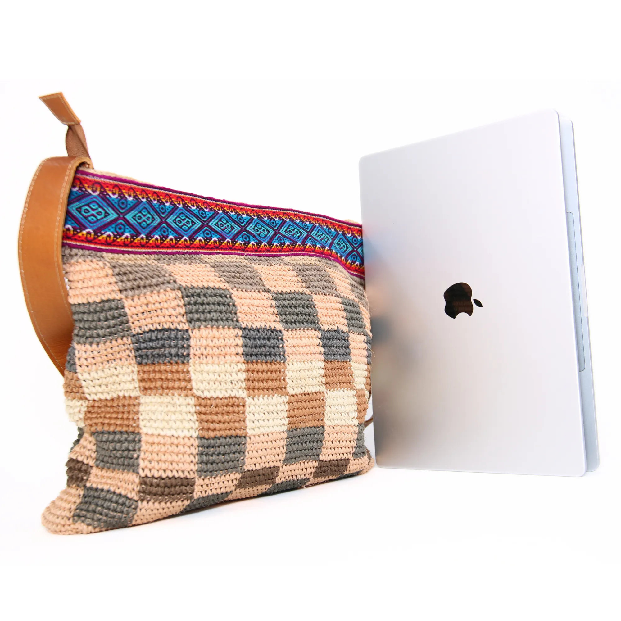 Cabuya Shigra Bag w/ Leather Strap & Andean Pattern Square Design Blue Strap