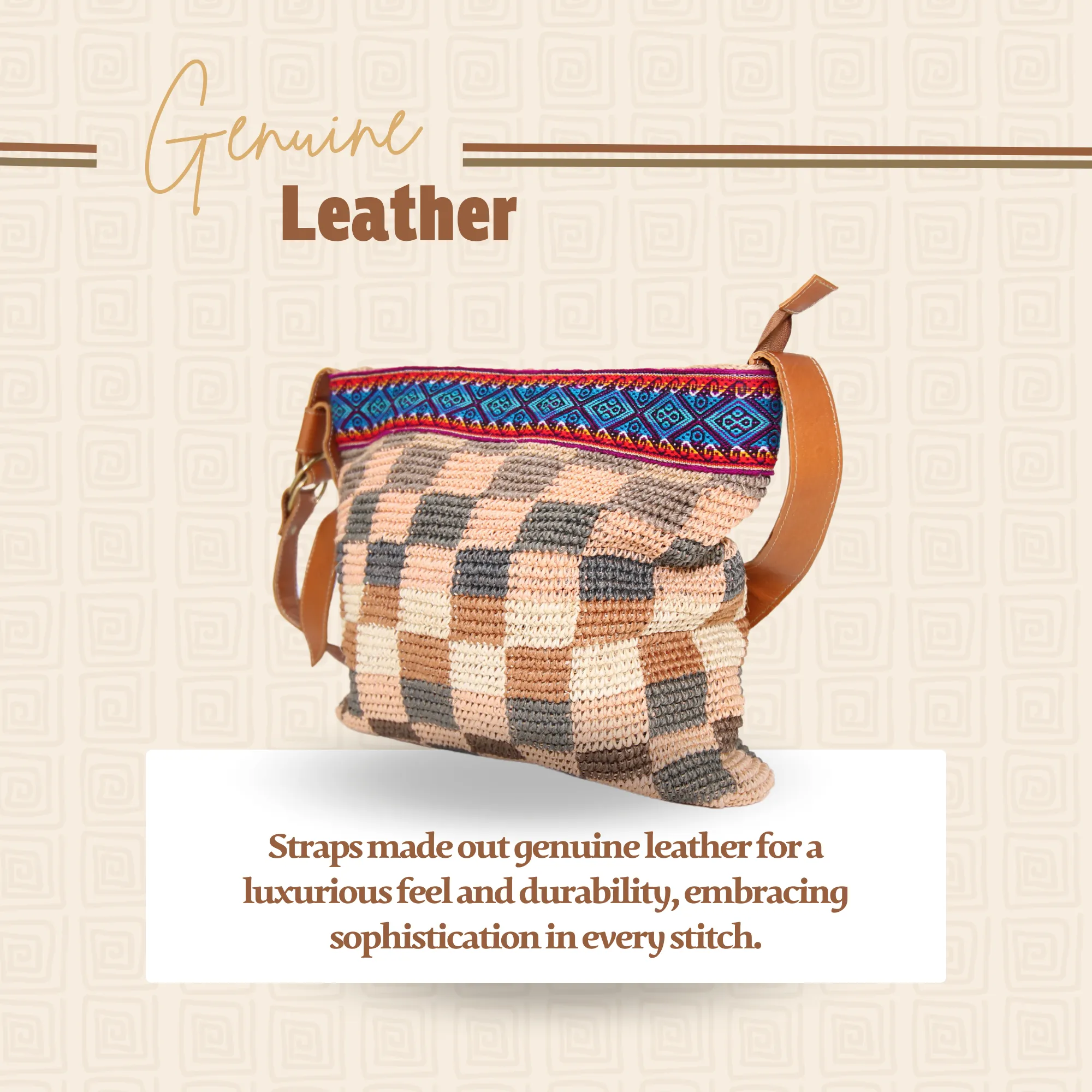 Cabuya Shigra Bag w/ Leather Strap & Andean Pattern Square Design Blue Strap
