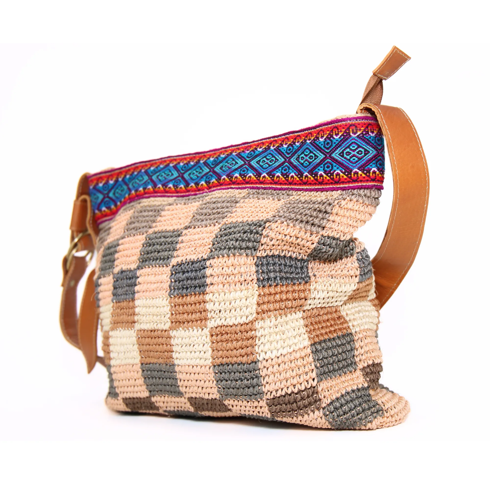Cabuya Shigra Bag w/ Leather Strap & Andean Pattern Square Design Blue Strap