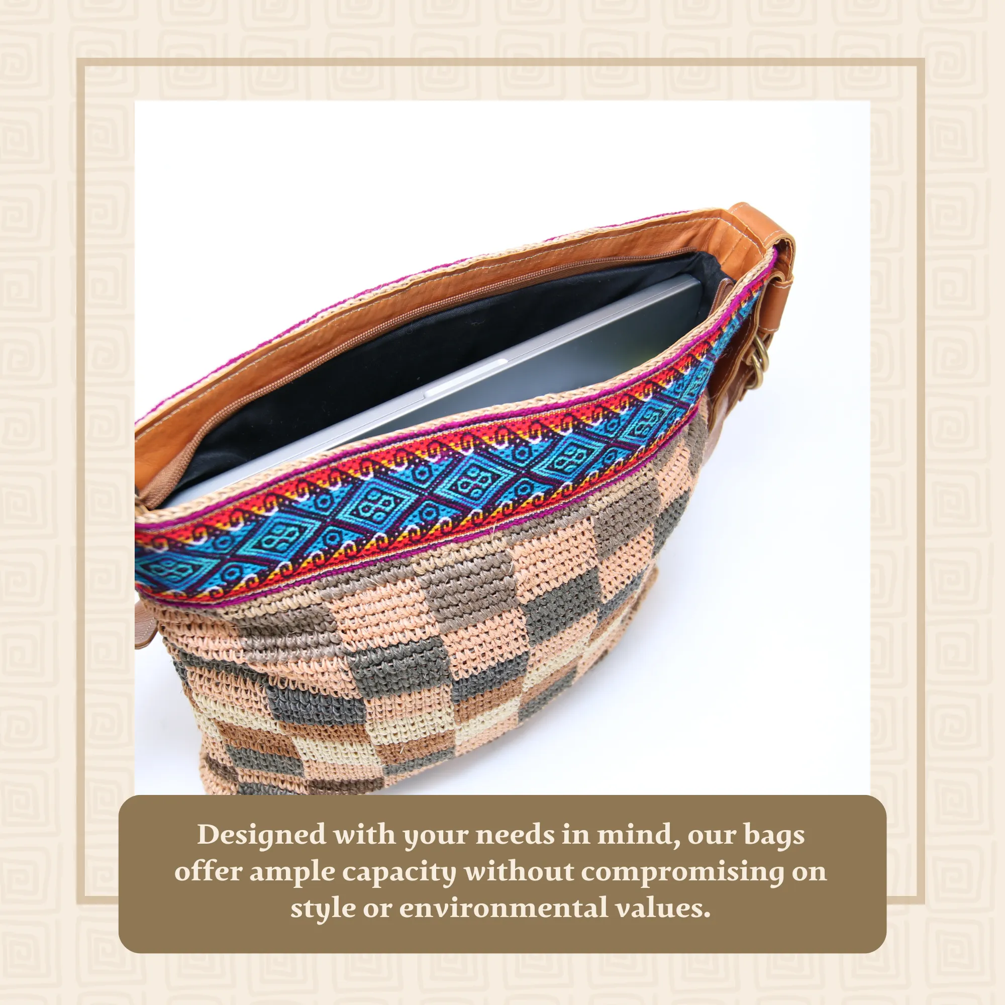 Cabuya Shigra Bag w/ Leather Strap & Andean Pattern Square Design Blue Strap