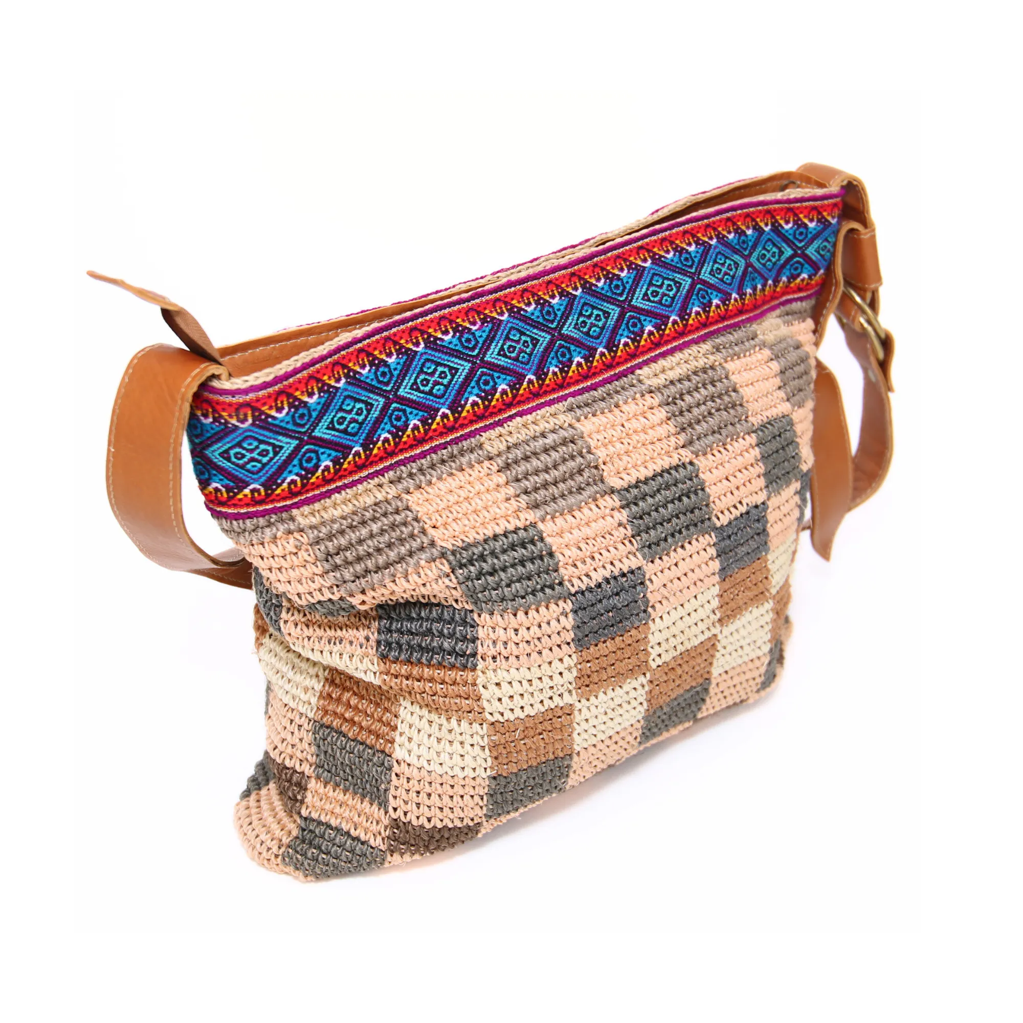 Cabuya Shigra Bag w/ Leather Strap & Andean Pattern Square Design Blue Strap