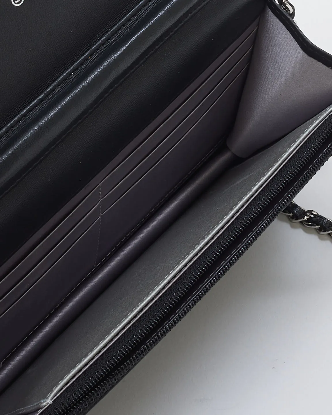 Chanel Black Leather Camellia Embossed Wallet On Chain