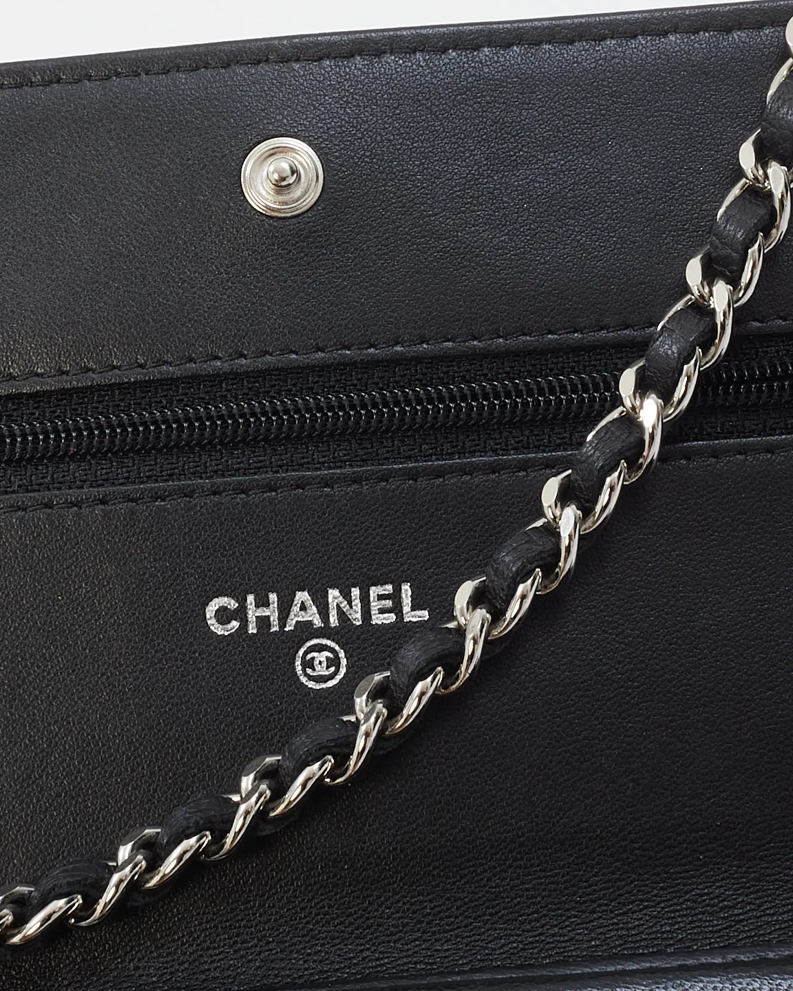 Chanel Black Leather Camellia Embossed Wallet On Chain