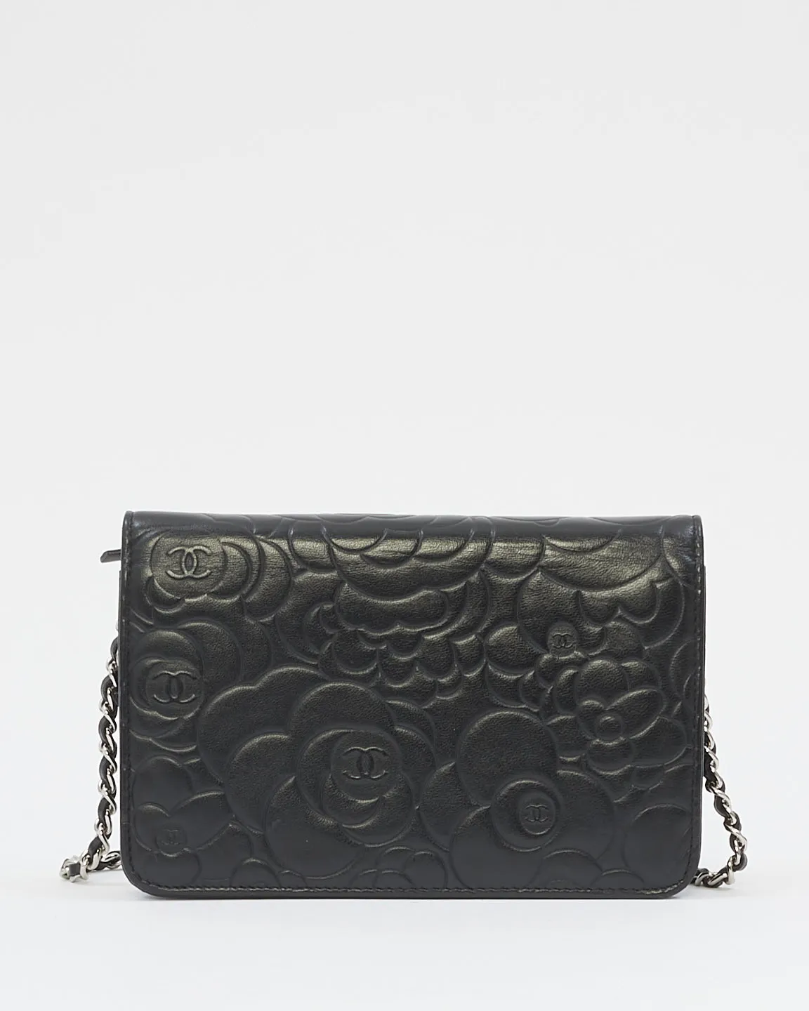 Chanel Black Leather Camellia Embossed Wallet On Chain