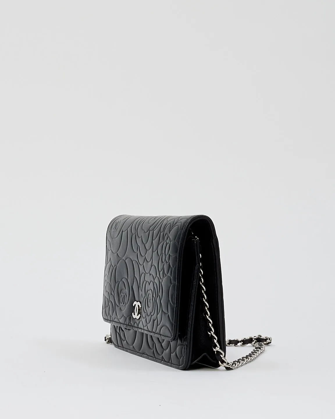 Chanel Black Leather Camellia Embossed Wallet On Chain