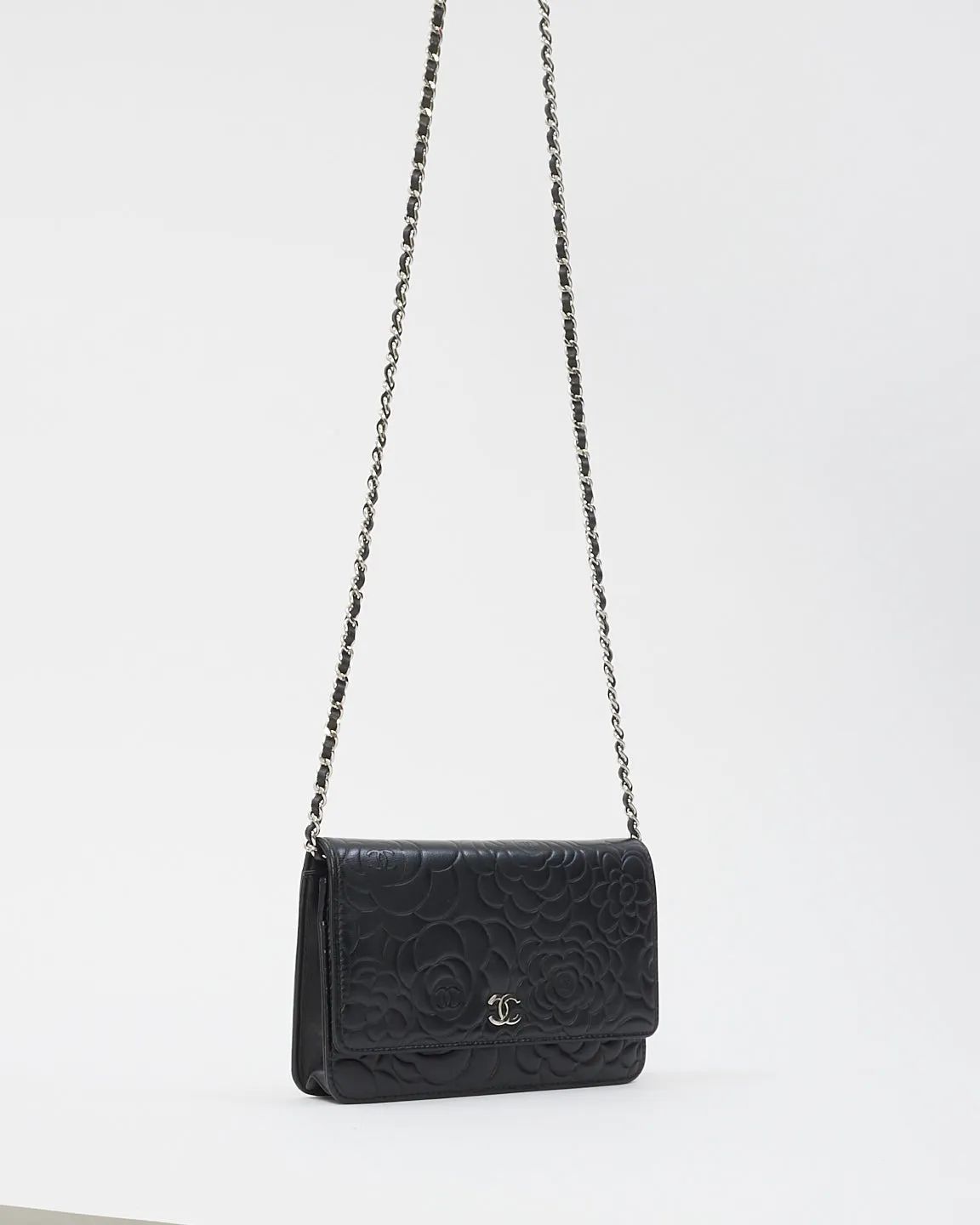 Chanel Black Leather Camellia Embossed Wallet On Chain