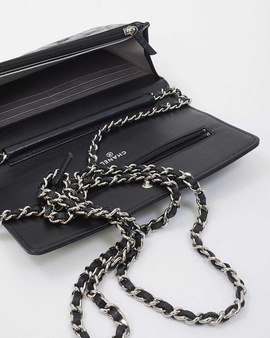 Chanel Black Leather Camellia Embossed Wallet On Chain